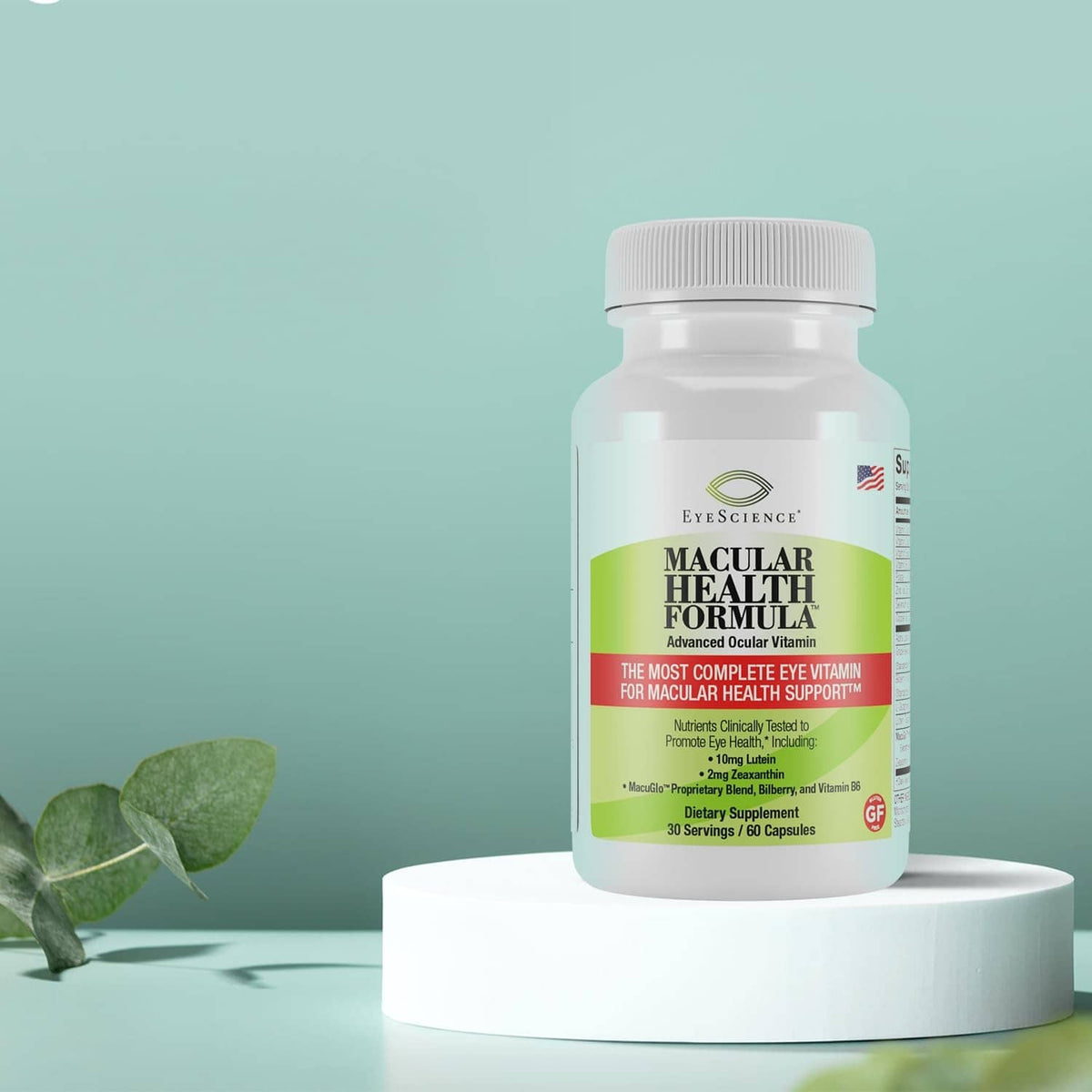 Macular Health Formula bottle on a white pedestal