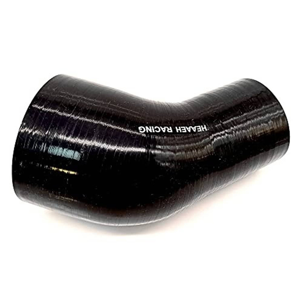 Black silicone 45-degree elbow reducer hose, ribbed surface, “HEEAH RACING” logo on curve