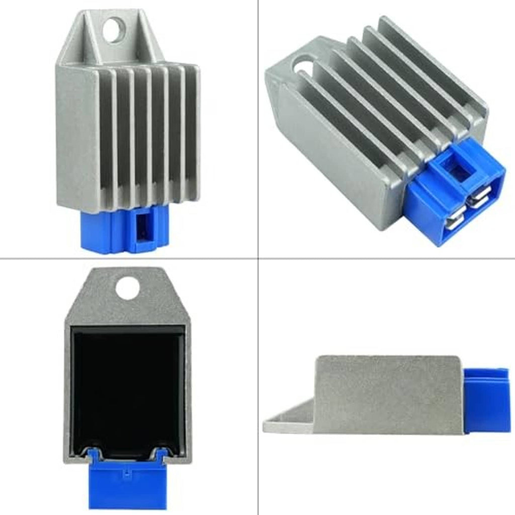 Voltage regulator rectifier, silver finned housing with blue connector in multiple views