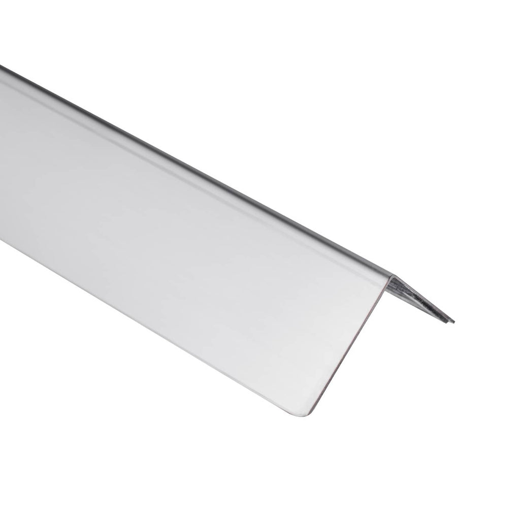 Close-up of brushed stainless steel corner guard channel with pointed lip edge