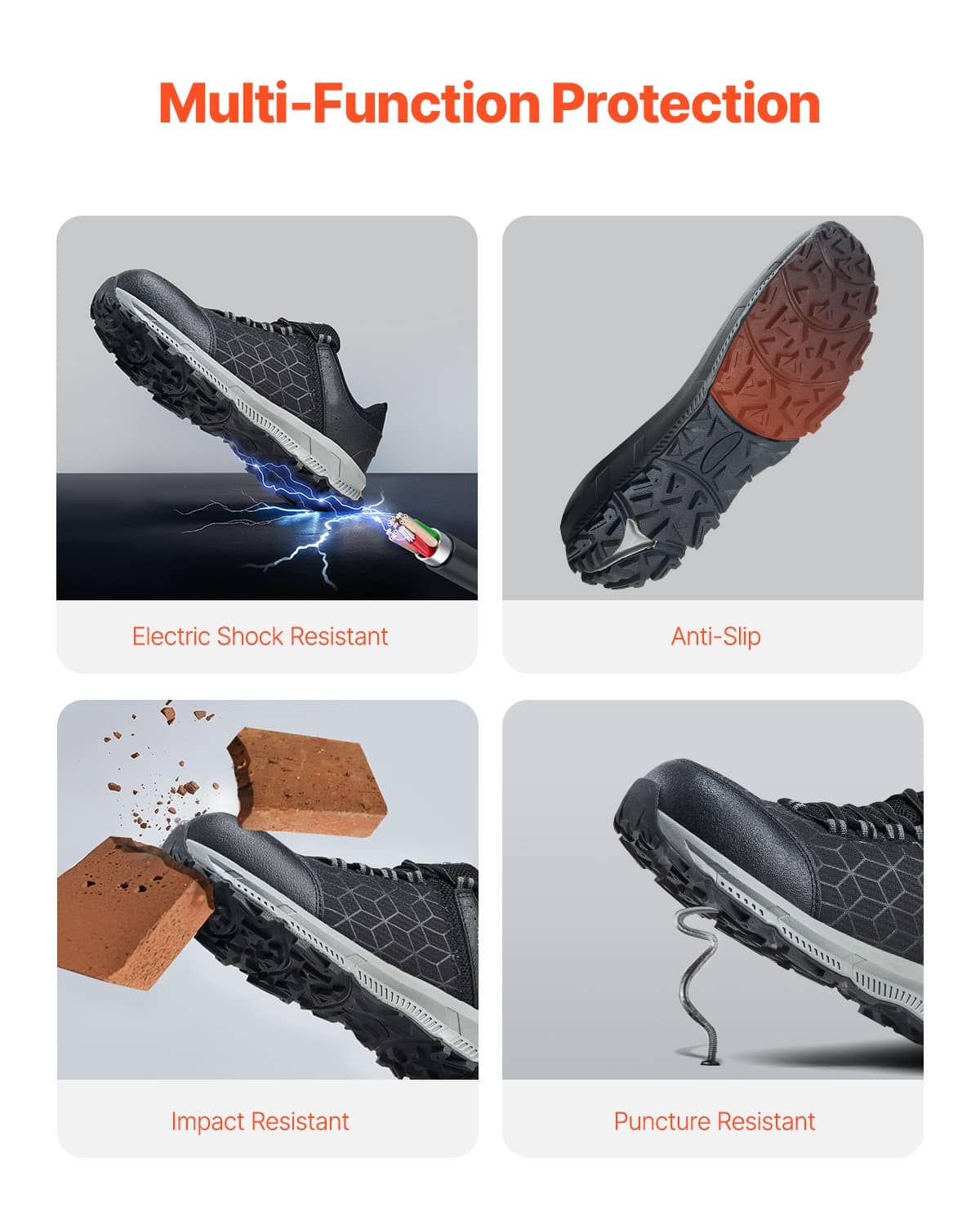 Black work sneakers with rugged tread sole and textured grip bottom