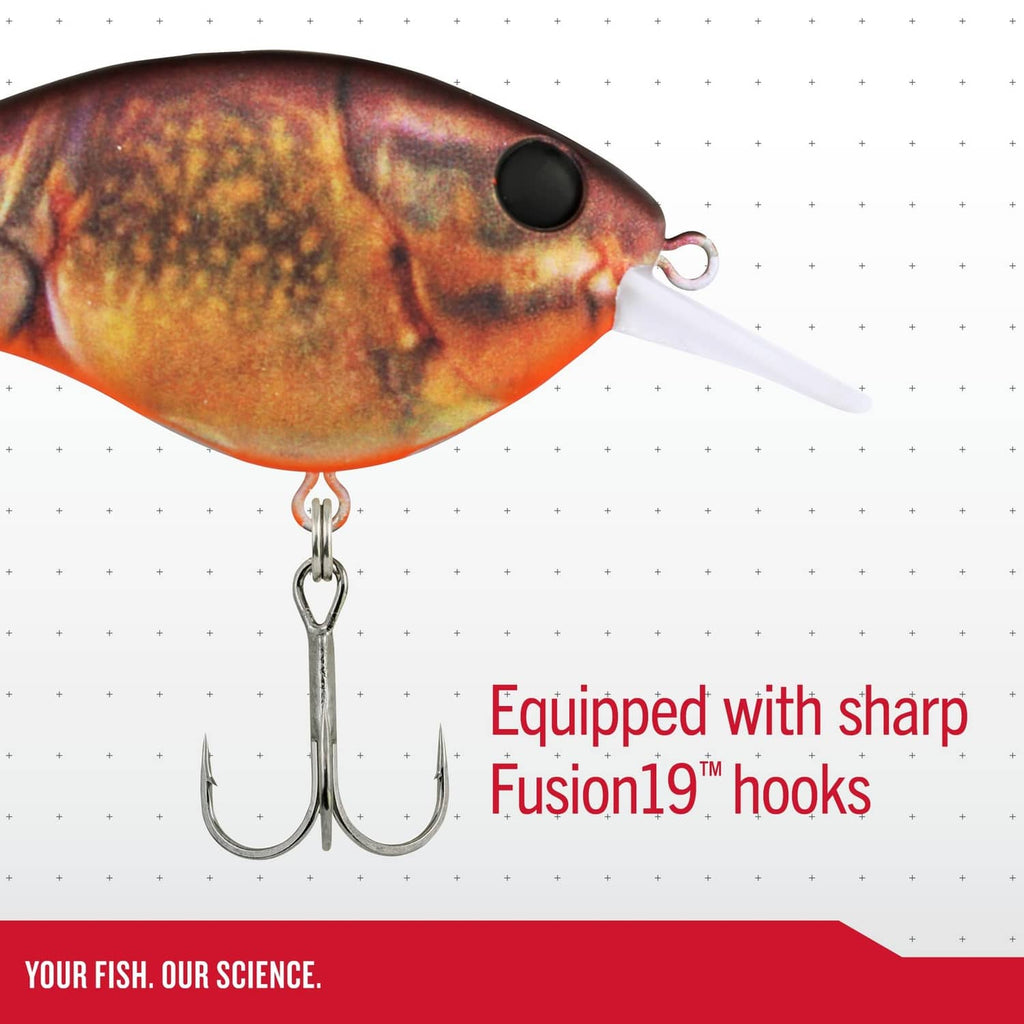 Speckled orange crankbait with black eye, white lip, and two treble hooks