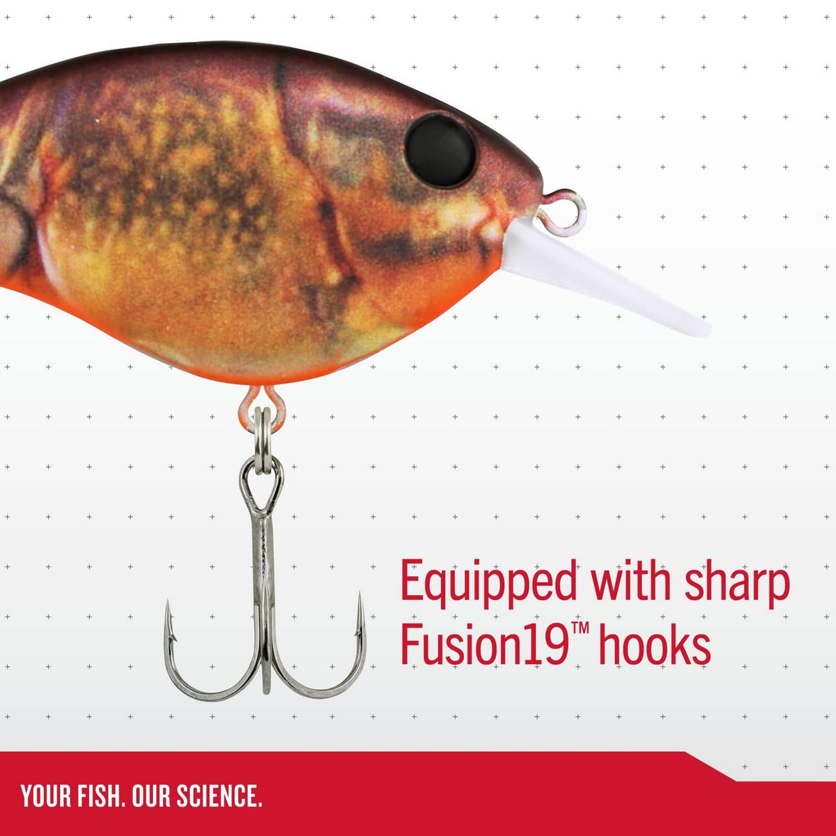 Speckled orange crankbait with black eye, white lip, and two treble hooks