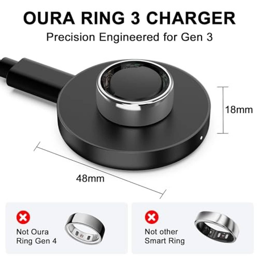 Black Oura Ring Gen 3 charger dock with round base, ring cradle, and cable