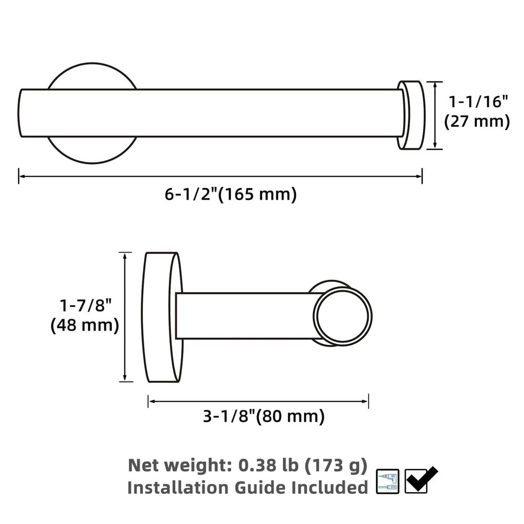 Toilet paper holder wall mount and bar dimensions technical drawing