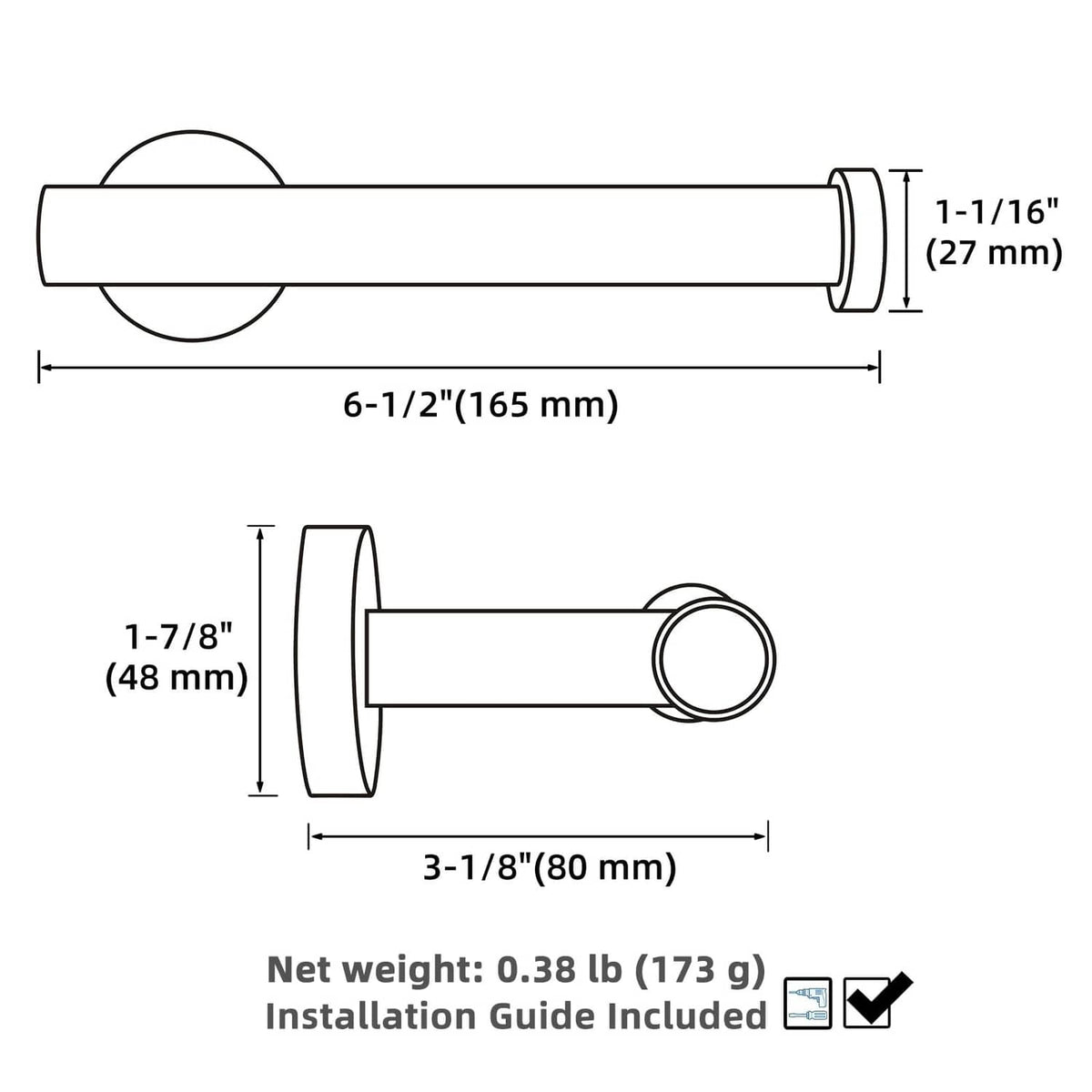Toilet paper holder wall mount and bar dimensions technical drawing