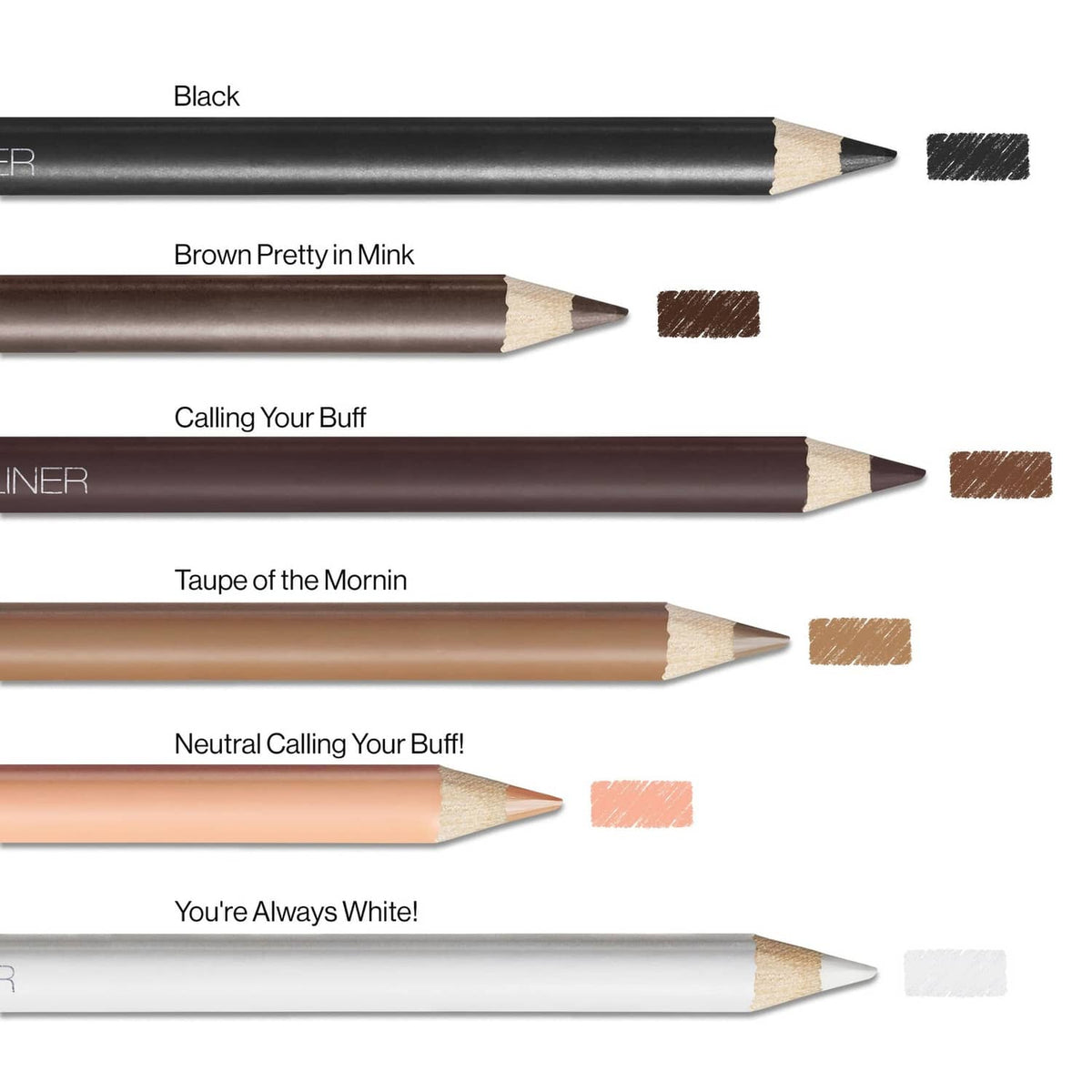 Kohl eyeliner pencils in black, taupe, and brown shades with small swatches