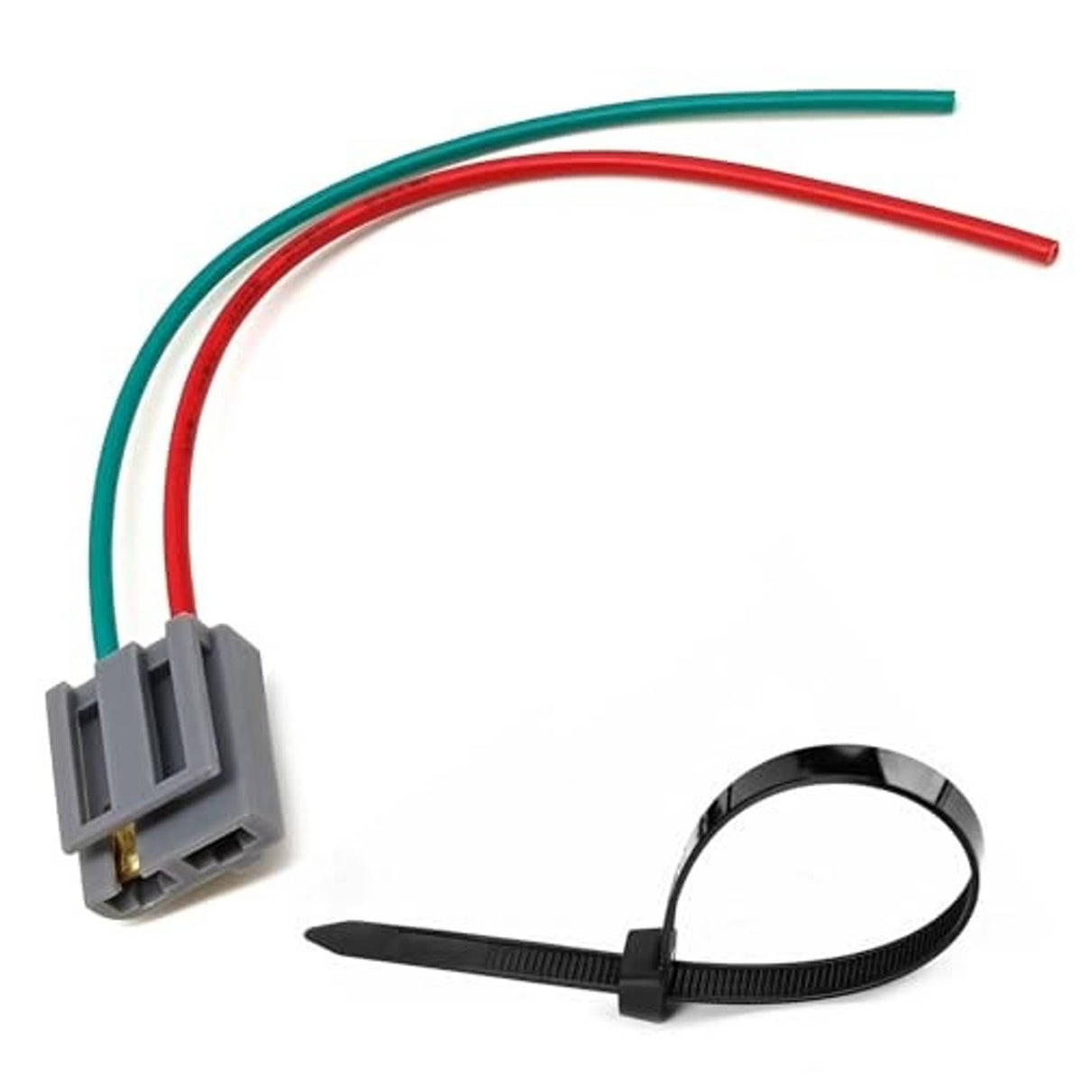 HEI pigtail wiring harness with gray connector, red/green wires and black cable tie