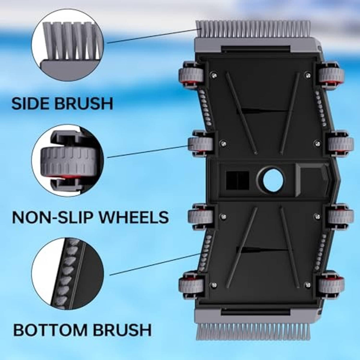 Pool vacuum head underside with bottom and side brushes, ribbed wheels and gray frame.
