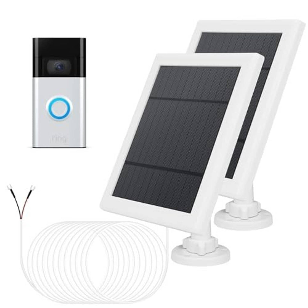 Solar panel charger with angled white stand and dark solar panel, cable included