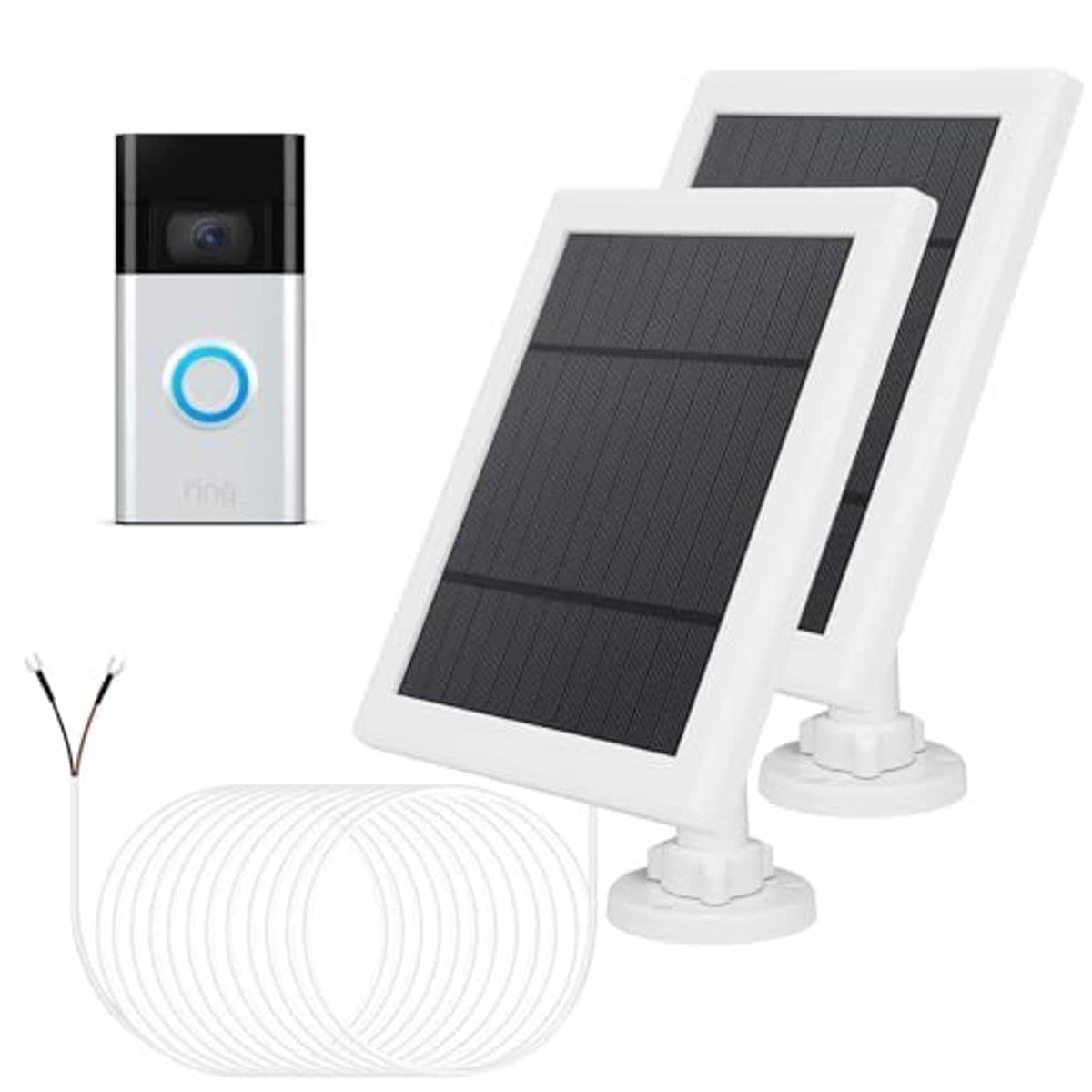Solar panel charger with angled white stand and dark solar panel, cable included