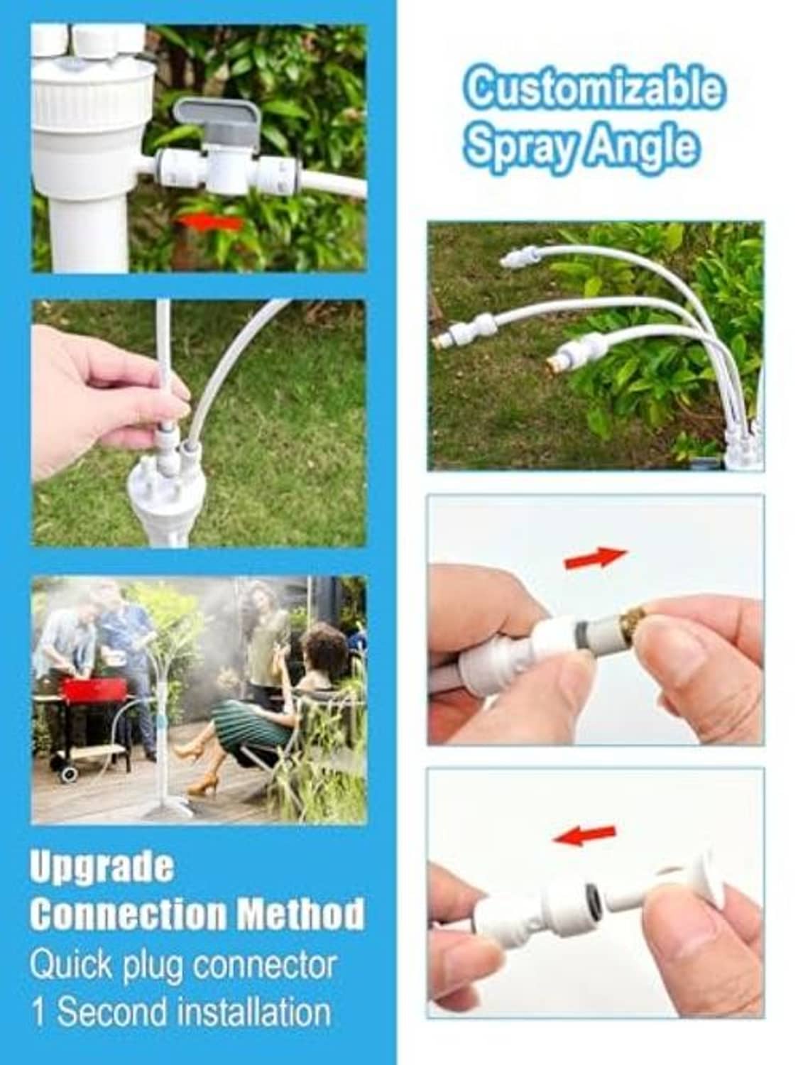 Outdoor misting kit with white manifold, flexible hoses, and adjustable spray heads