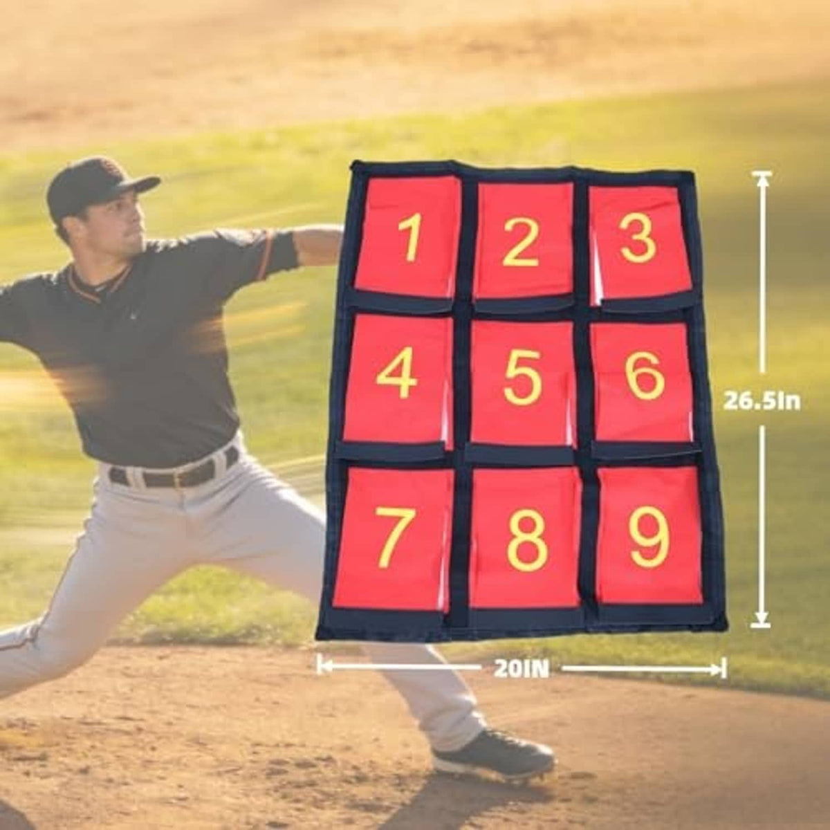 Numbered strike zone target hole net with red 1–9 panels, shown during throwing practice