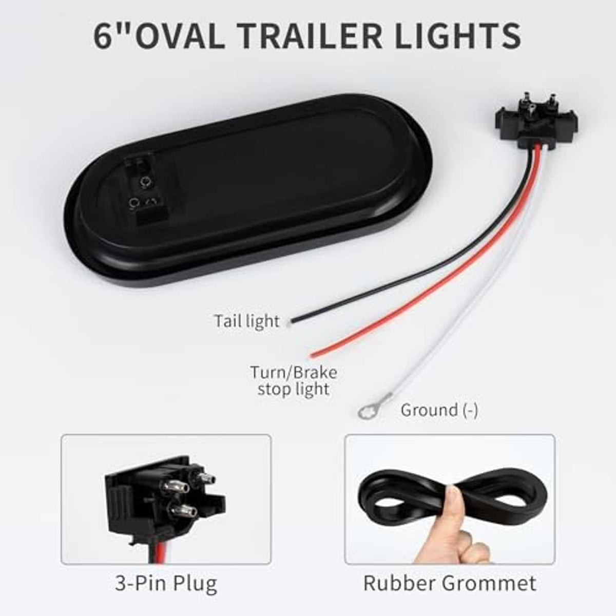 6-inch oval LED trailer light kit with black housing, red lens, 3-pin plug, ground lead
