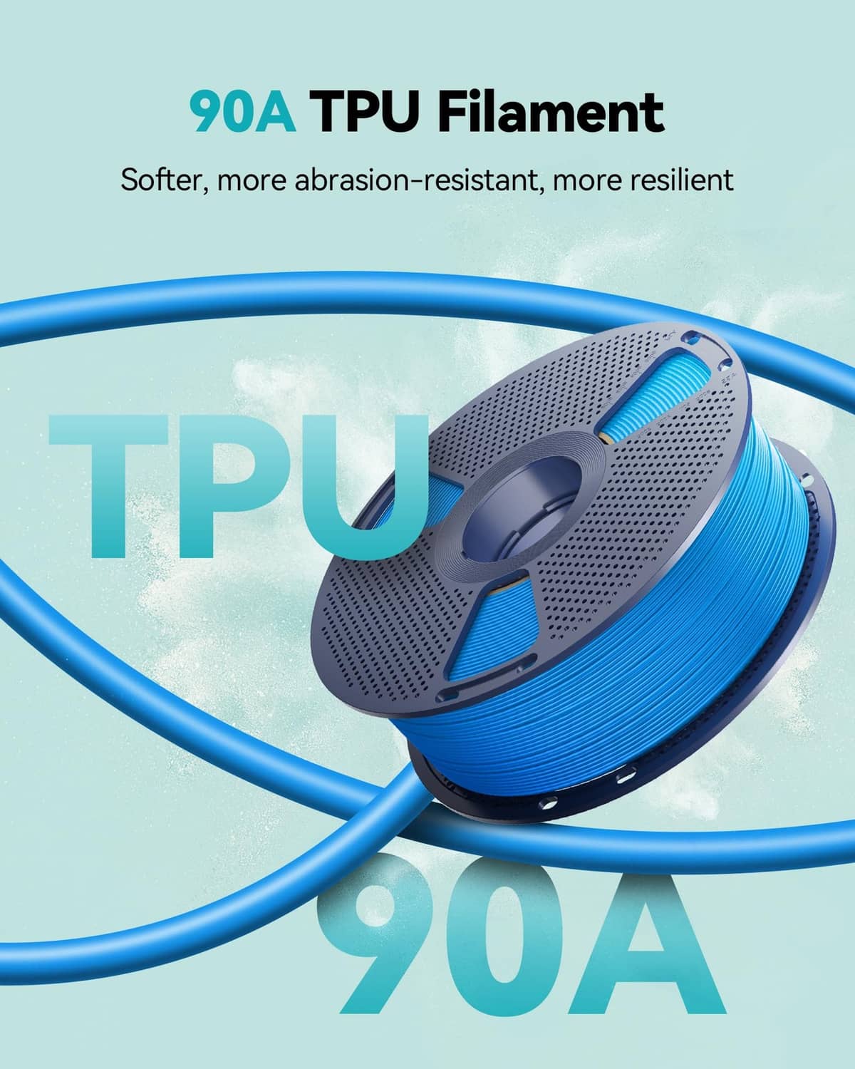 Blue TPU filament spool with a loop of blue filament
