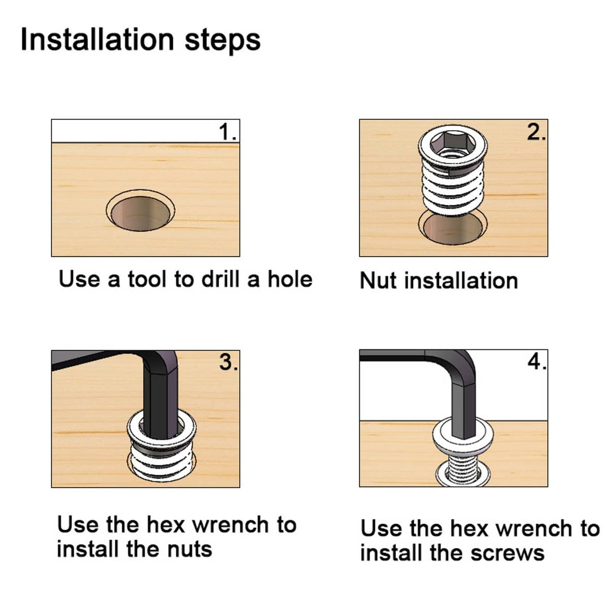 Installation steps diagram: drill a hole, install inserts, use hex wrench for fitting