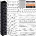 Pegboard accessories organizer kit with assorted hooks, rails, and black storage bins
