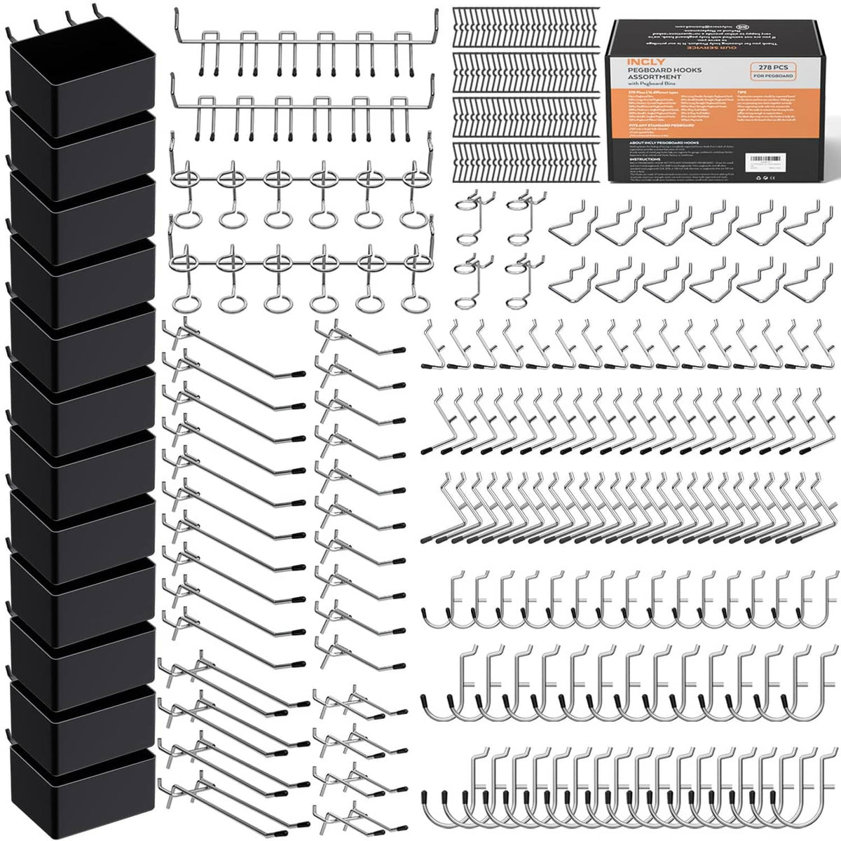 Pegboard accessories organizer kit with assorted hooks, rails, and black storage bins