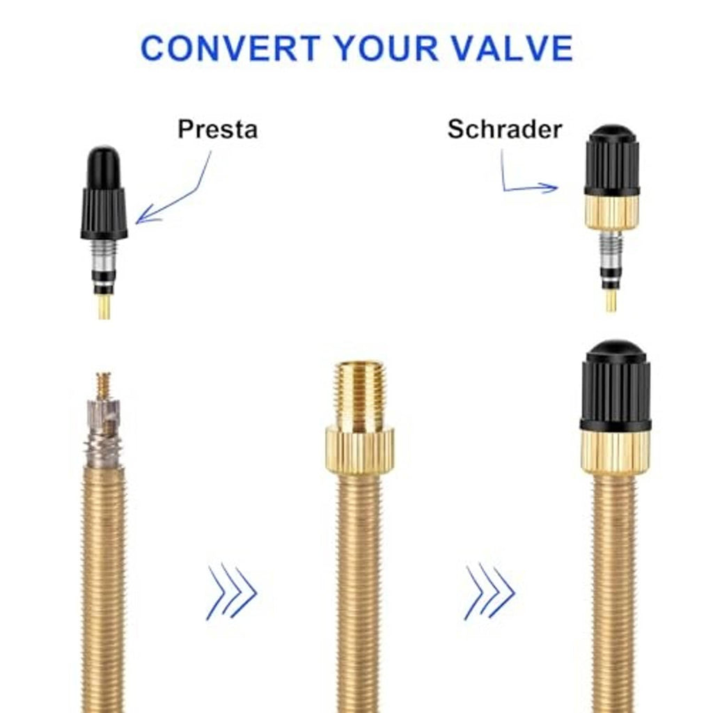 Valve adapter set converting Presta to Schrader valves with black and brass stems