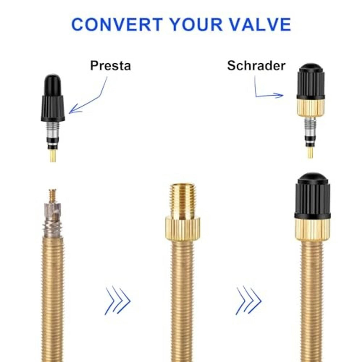 Valve adapter set converting Presta to Schrader valves with black and brass stems