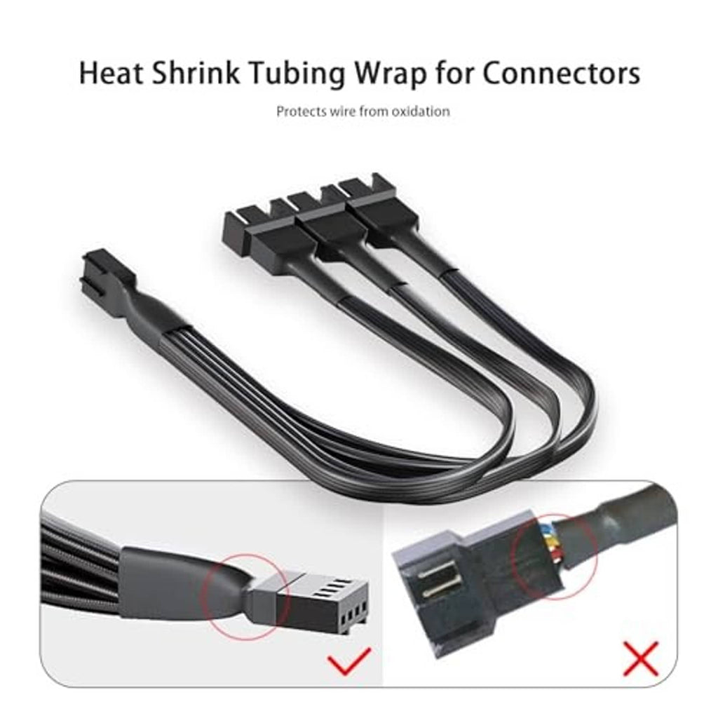 Fan splitter cable with heat-shrink tubing and multiple black connectors