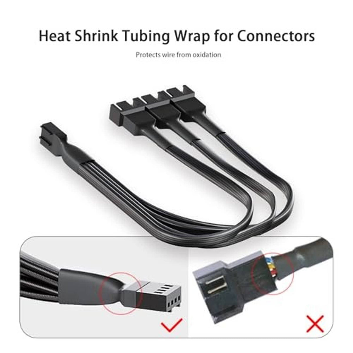 Fan splitter cable with heat-shrink tubing and multiple black connectors