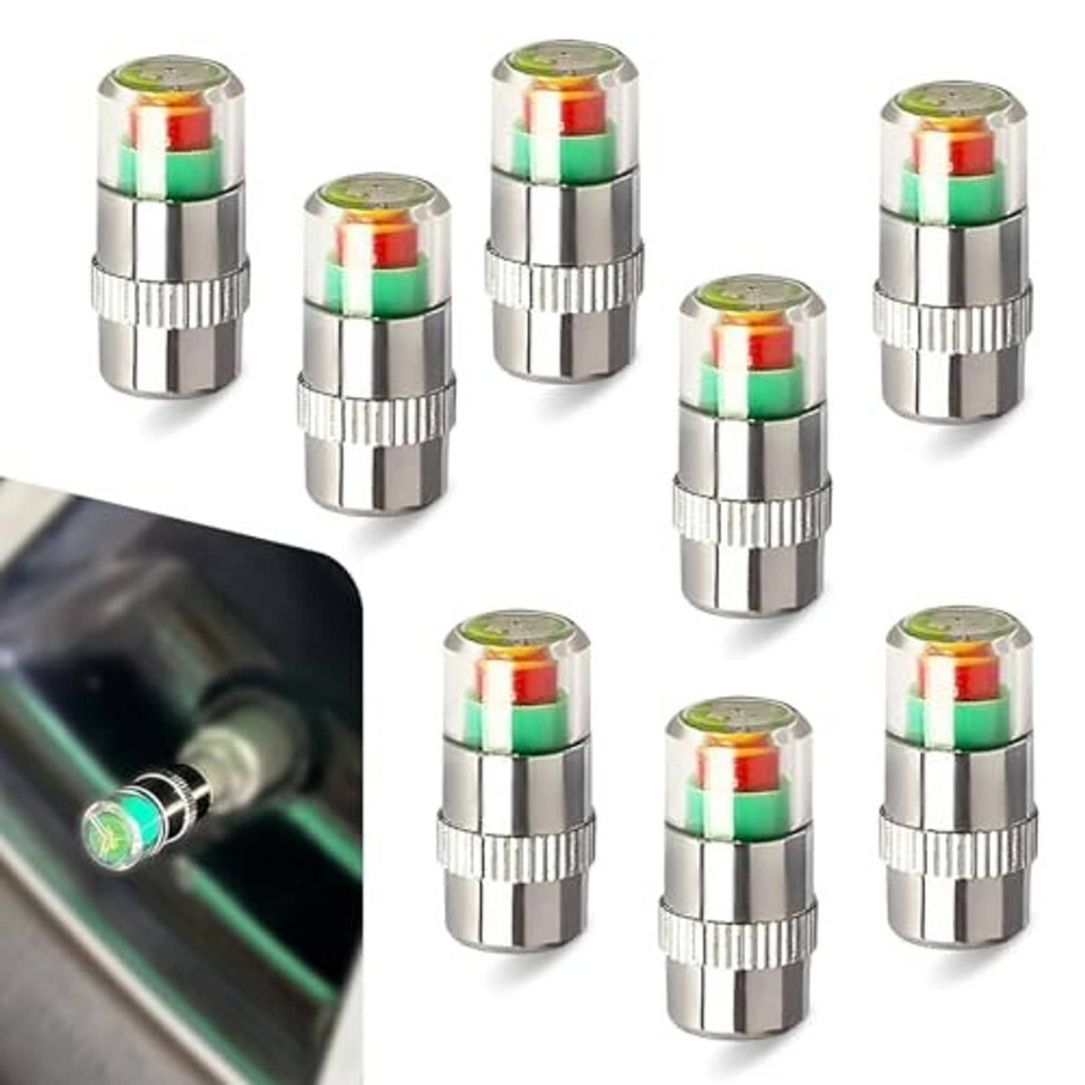 Silver tire valve stem caps with green-red indicator windows, shown in group arrangement
