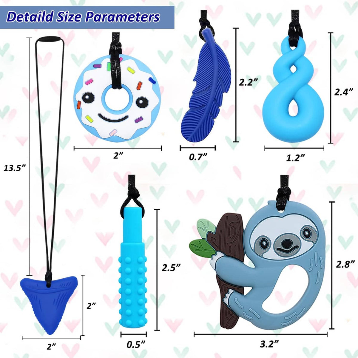 Six silicone chew pendants on black cords with blue sloth, feather and triangle shapes