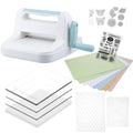 6-inch manual die cutting and embossing machine with blue handle and sample cardstock