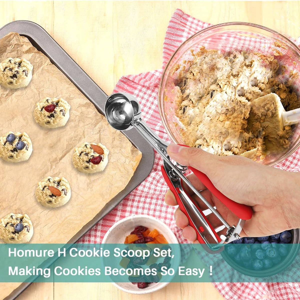Cookie scoop set with red handles and stainless bowls for portioning cookie dough