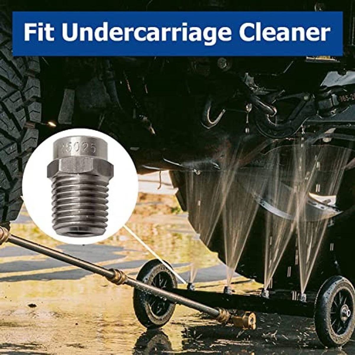 Pressure washer nozzle tip shown installed on a surface cleaner attachment