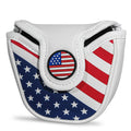 White mallet golf putter head cover with U.S. flag front panel, stars and stripes, padded top