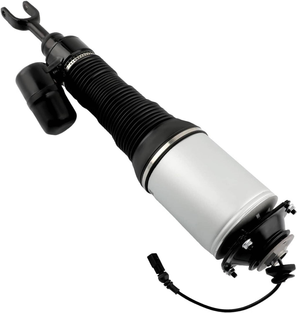 Front air suspension strut shock absorber with black accordion boot and silver cylinder