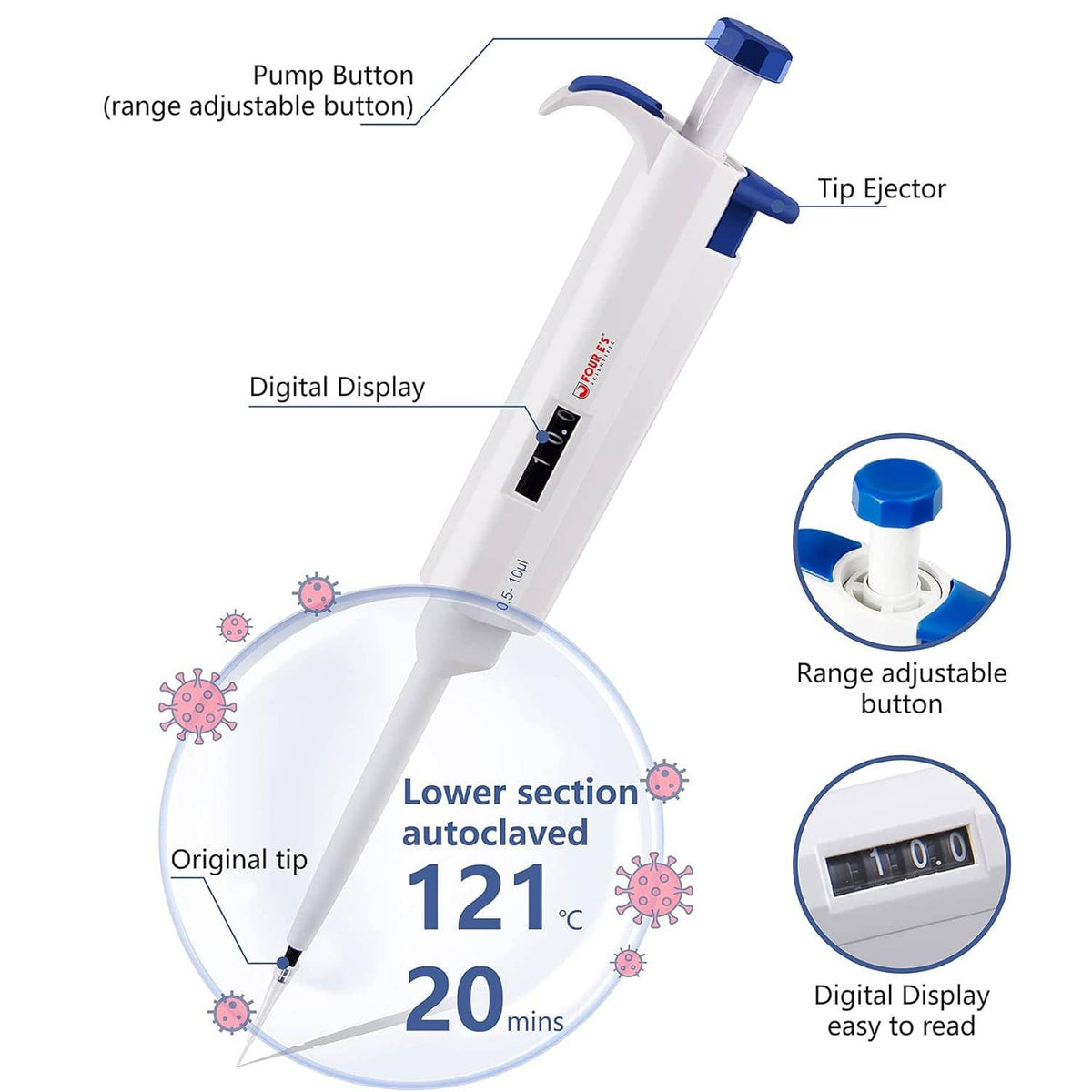 Single-channel micropipette with range adjustable button and digital volume display