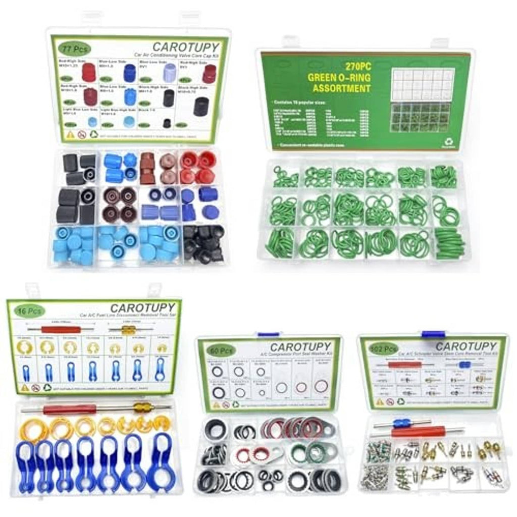 Car A/C O-ring and valve core repair kit set with green, blue, and red components