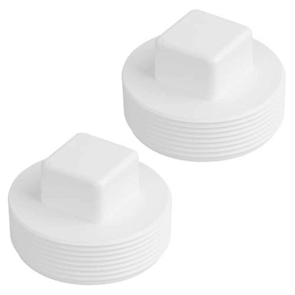 Pair of white 3-inch PVC sewer cleanout plugs with square tops and ridged threads