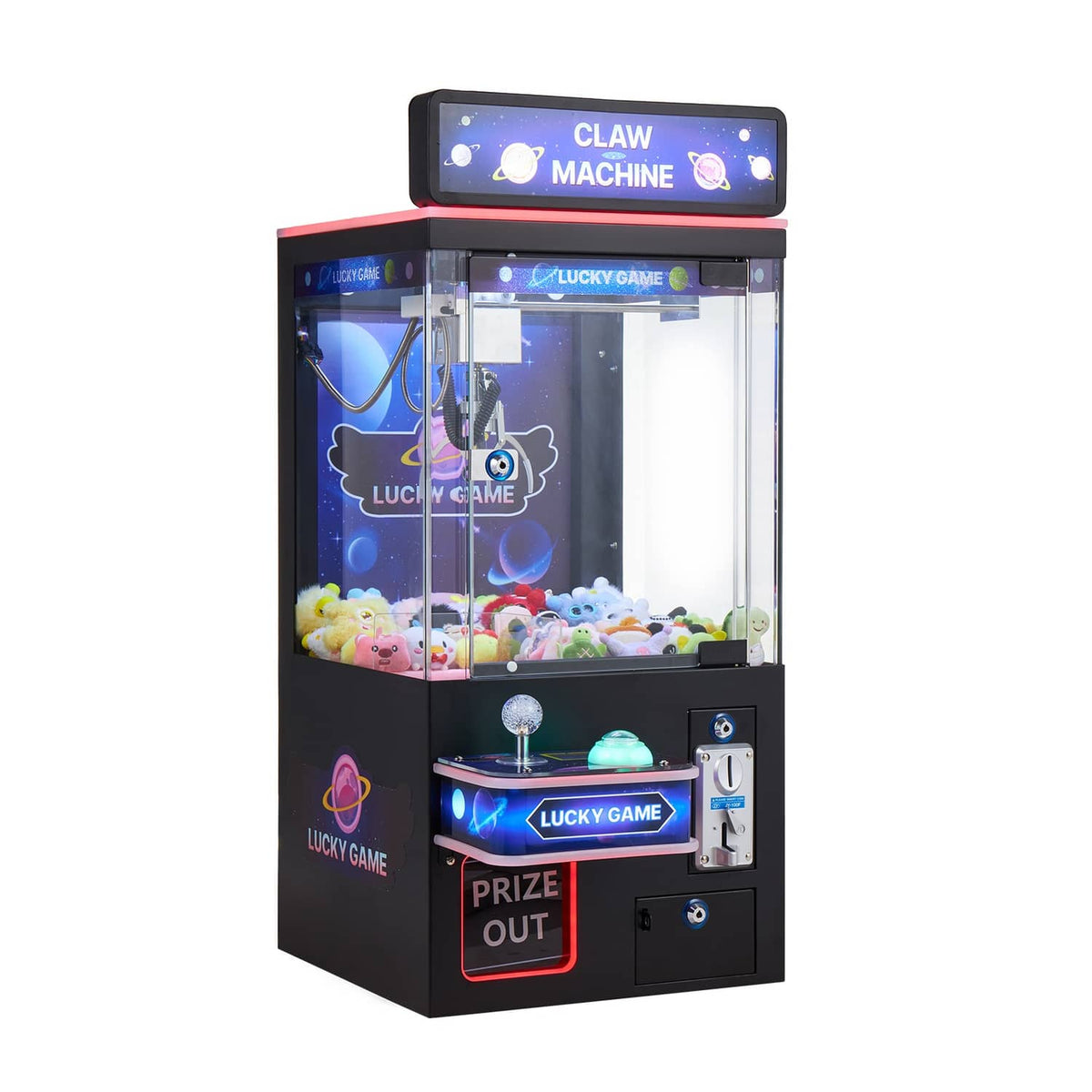 Claw crane arcade machine with clear prize window, LED lighting, and prize out panel