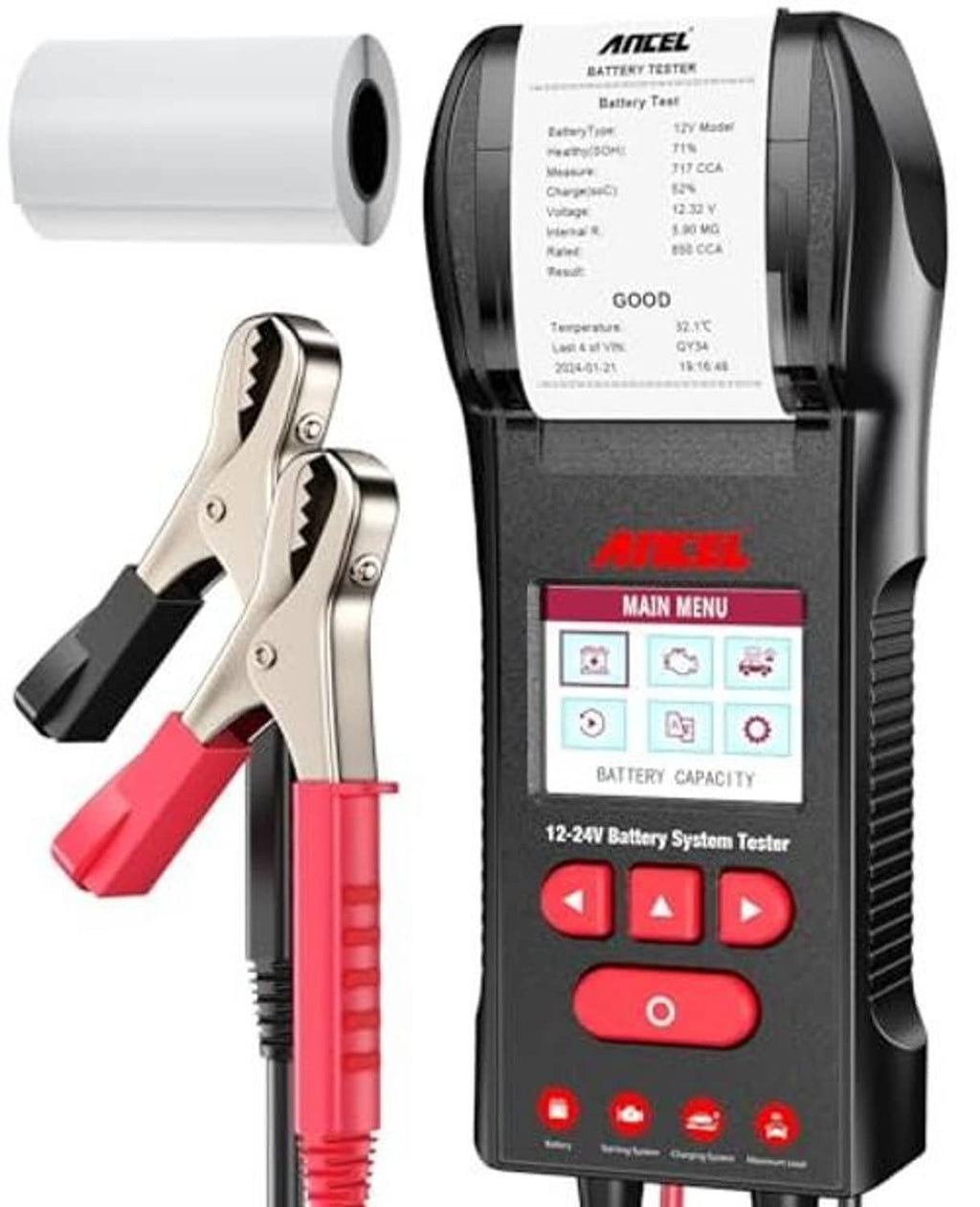 Battery tester with main menu display and attached battery clamps