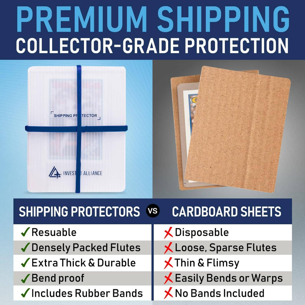 Semi-transparent trading card protector bundle with blue rubber bands