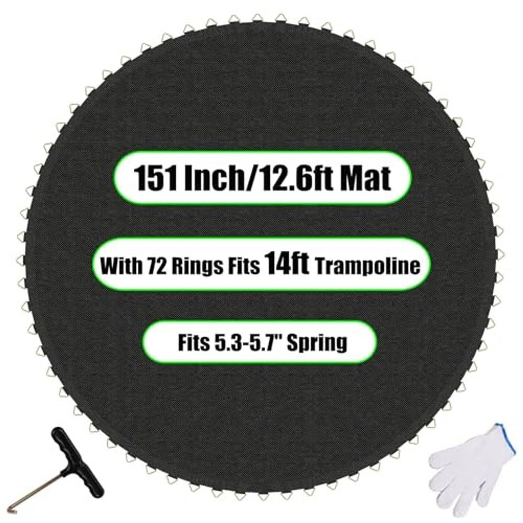 Round black trampoline mat with metal ring attachments around the outer edge