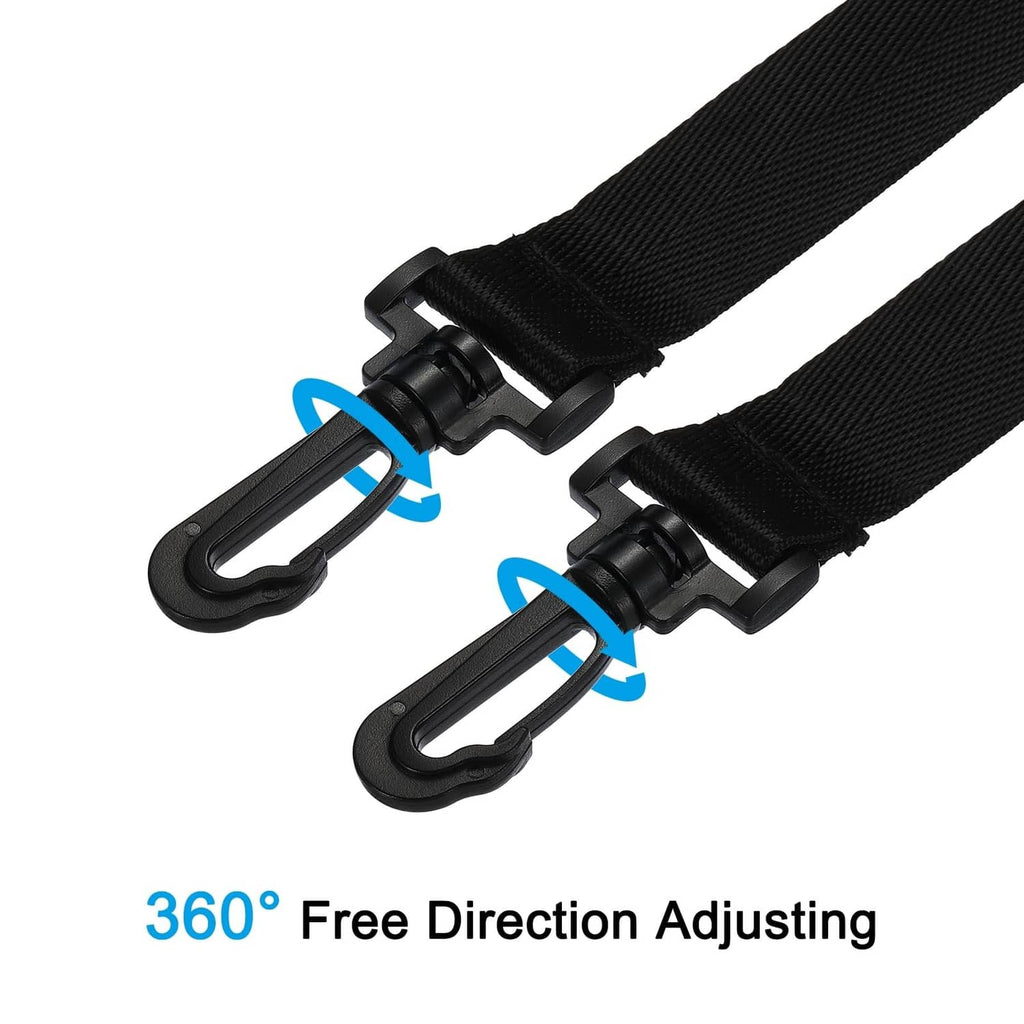 Black nylon shoulder strap close-up with swivel hooks and snap adjustment pieces