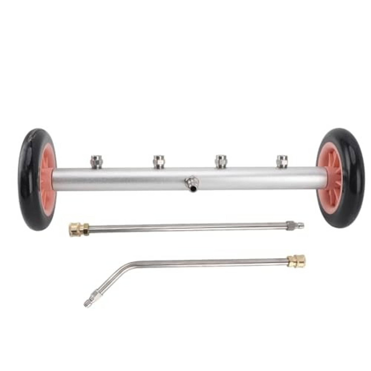 Pressure washer attachment kit: silver wand, wheels, and brass/steel hose connectors