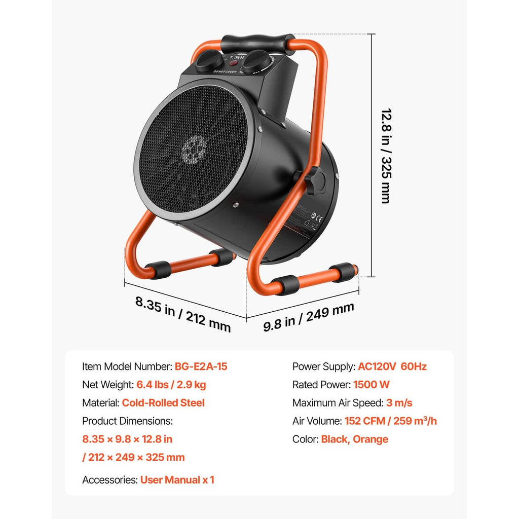Compact electric greenhouse heater with orange frame, front mesh grille, side bars