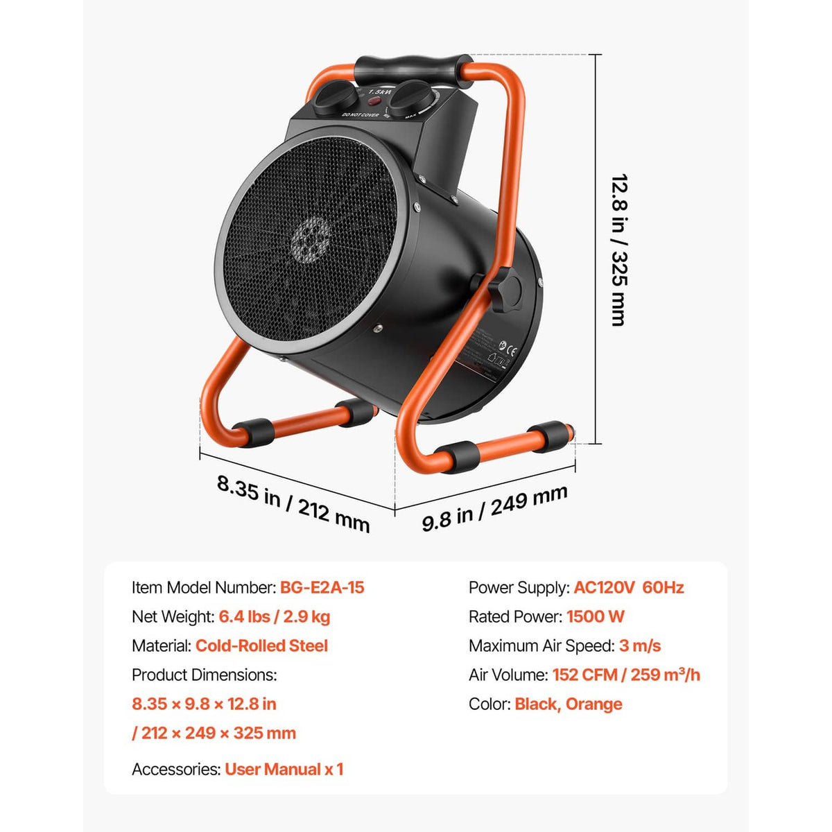 Compact electric greenhouse heater with orange frame, front mesh grille, side bars