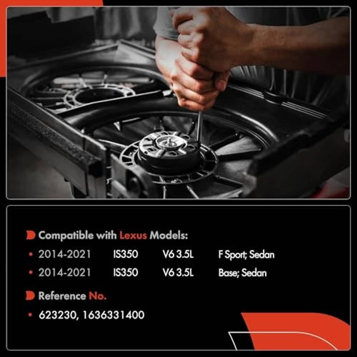 Radiator fan motor installation shown in open engine compartment