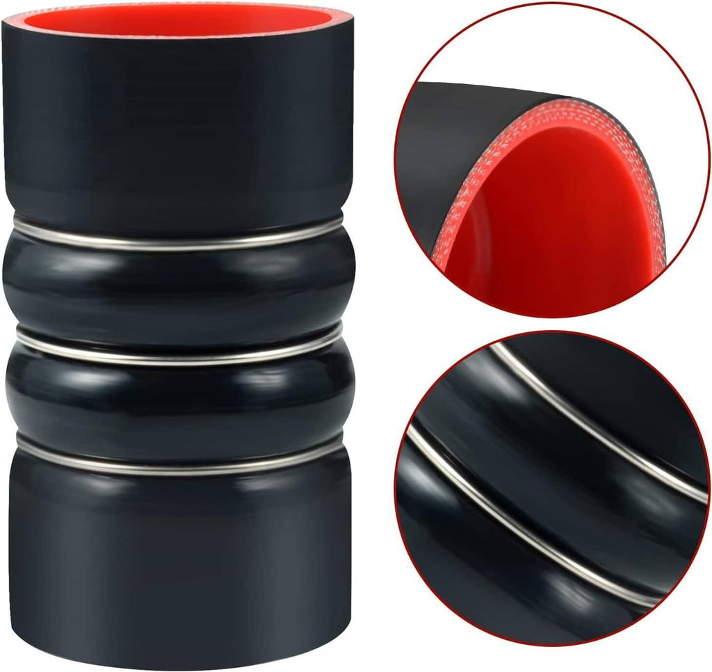 Pair of black silicone intercooler hose boots with red inner lining, close-up detail.