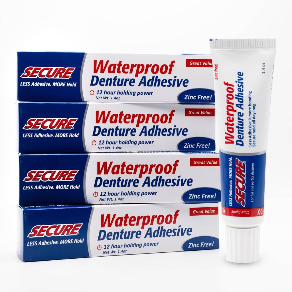 Waterproof denture adhesive tube and boxes, zinc-free, 12-hour extra strong hold