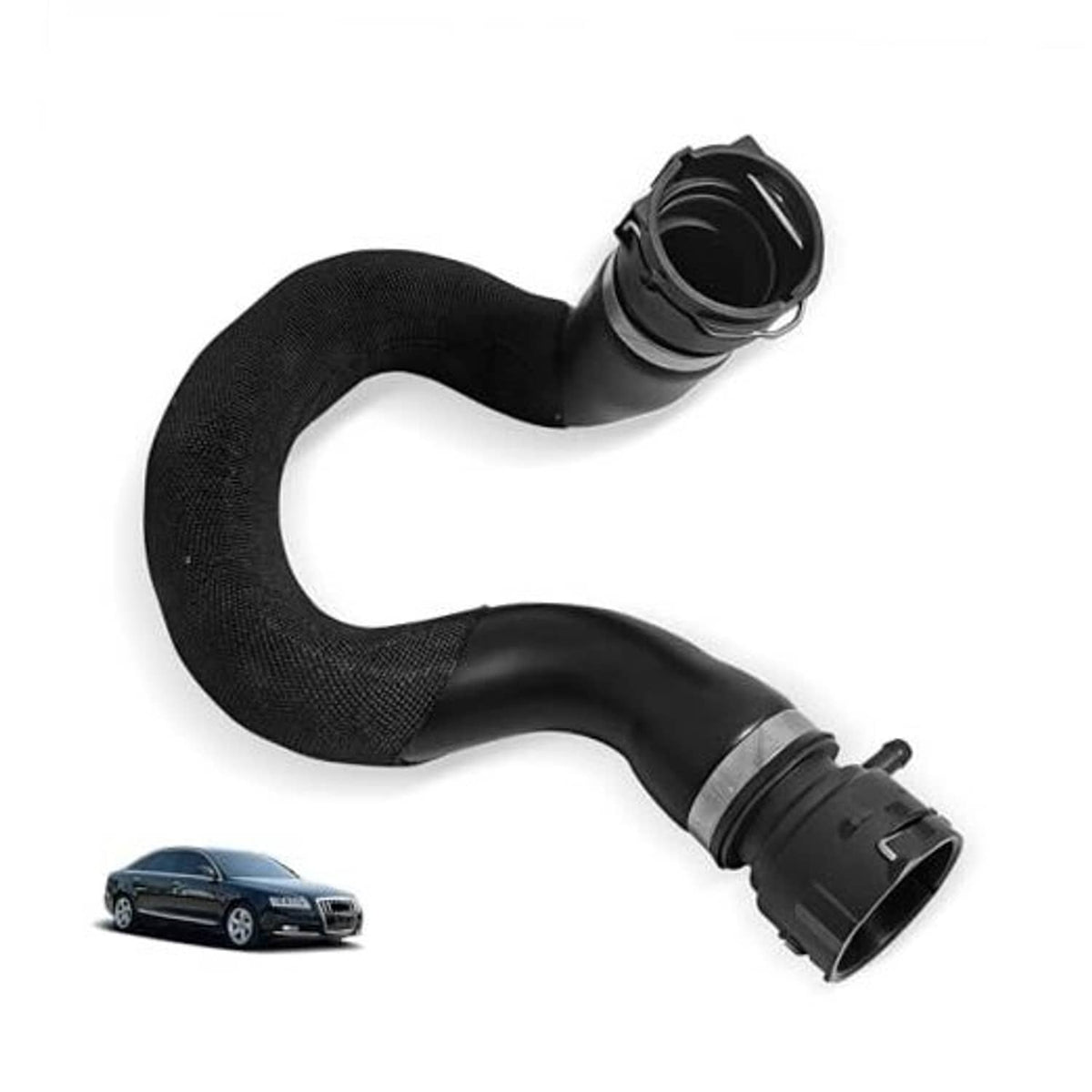 Black radiator coolant hose with molded bends and visible end fittings.