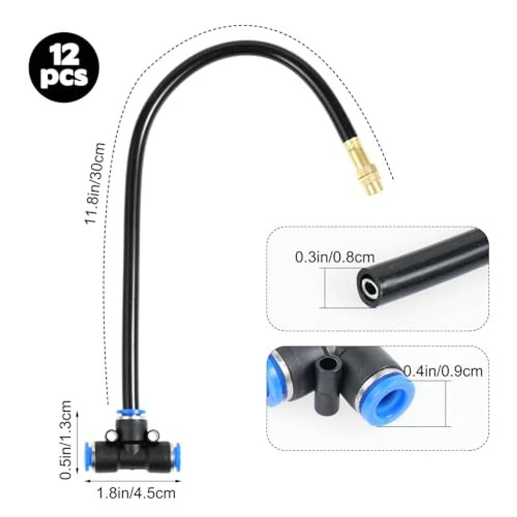 Brass misting nozzle hose tee with black hose length and connection size diagram, 12 pcs