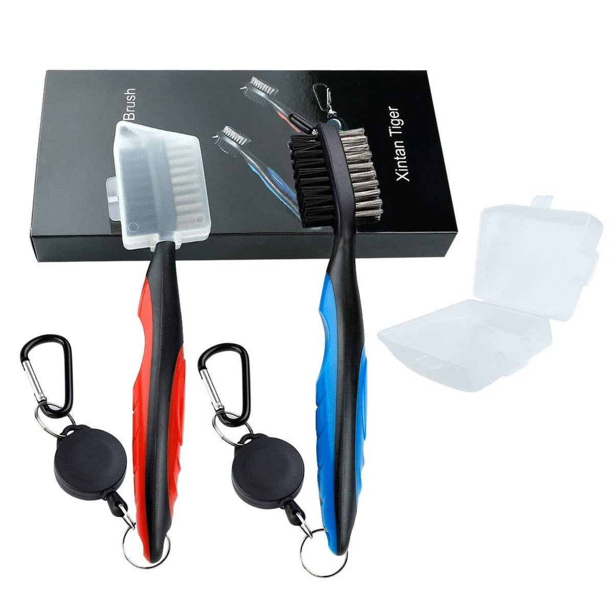 Golf club groove cleaner brush 2-pack with blue and red handles, plus spare cleaning head